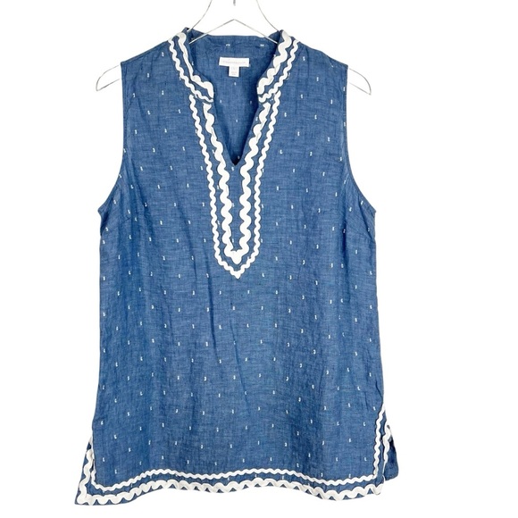 CHARTER CLUB Light Blue Linen Sleeveless Tunic Top with White Piping Trim size L - Picture 2 of 8
